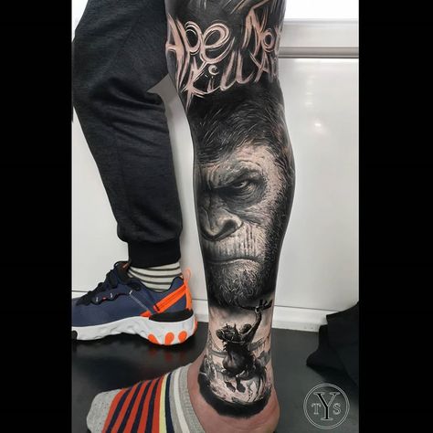 Ceaser Tattoo Monkey, Ceaser Ape Tattoo, Cesar Planet Of The Apes Tattoo, Caesar Tattoo Ape, Ceaser Tattoo Design, Ape Shall Never Kill Ape Tattoo, Caesar Planet Of The Apes Tattoo, Ape Shall Not Kill Ape Tattoo, Panther Hand Tattoo