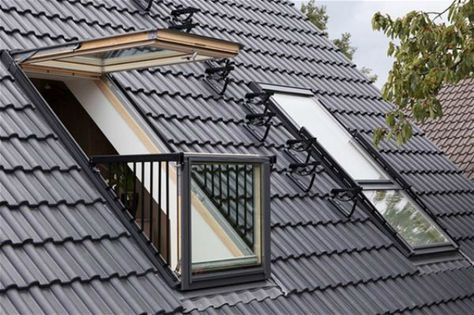 Velux Cabrio, Pitched Roof Window, Roof Balcony, Loft Conversion Bedroom, Attic Bedroom Designs, Balcony Window, Attic Ideas, Attic Conversion, Attic Room