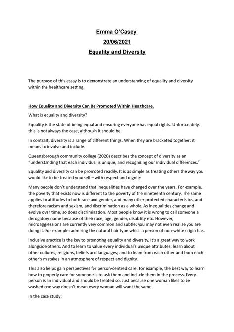 Unit 21 - Equality and Diversity within Healthcare - Essay - Distinction - Emma O’Casey 20/06/ - StuDocu Gender Equality Essay, Equality And Diversity, Bollywood Quotes, Korean Best Friends, Work Family, Practice Management, Gender Equality, Study Smarter, Writing Tasks