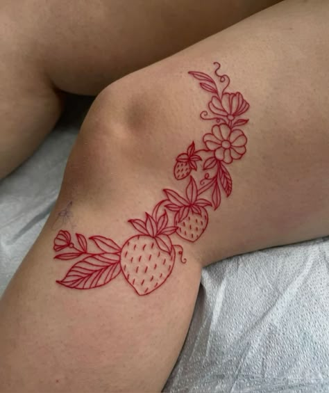 Strawberry Tattoo, Funky Tattoos, Handpoke Tattoo, Red Ink Tattoos, Knee Tattoo, Cute Tattoos For Women, Girly Tattoos, Dainty Tattoos, Subtle Tattoos