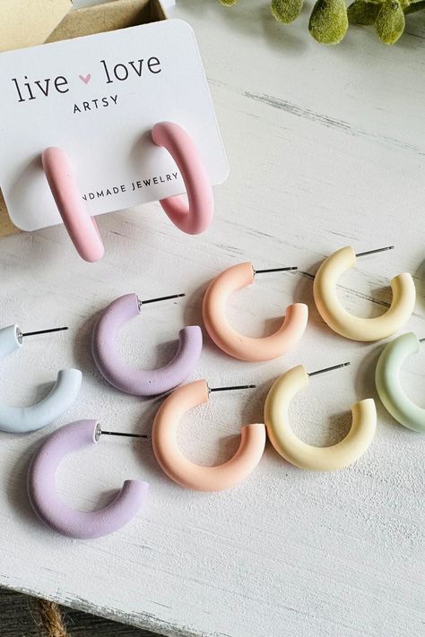 Spring Polymer Clay Hoop Earrings | Easter Colors | Titanium, 18k Gold Plated, Stainless Steel Posts Easter Clay Earrings, Summer Clay Earrings, Spring Polymer Clay, Polymer Clay Hoop Earrings, Clay Hoop Earrings, Diy Wire Earrings, Diy Earrings Polymer Clay, Easter Earrings, Sculpey Clay