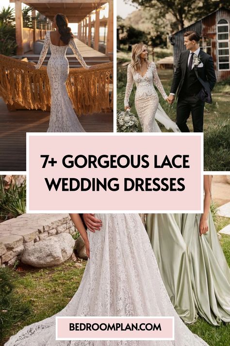 Collage of brides in different lace wedding dresses.