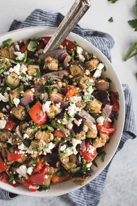 This unique roasted Mediterranean eggplant salad is full of caramelized veggie flavor, tossed with tangy fresh lemon, herbs and feta. It’s full of healthy ingredients and can be eaten warm or chilled making it perfect as a dip, side dish, salad, or main course served over pasta or rice. Plus, it's easily made vegan or dairy free just by leaving out the feta. via @Feasting Not Fasting Eggplant Pasta Salad, Mediterranean Eggplant, Side Dish Salad, Eggplant Pasta, Veggie Quiche, Greek Quinoa Salad, Eggplant Salad, Greek Pasta, Mediterranean Salad