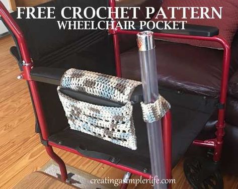 A simple pocket for the arm of a wheelchair that can hold a tablet and/or cell phone! Oh so simple... Crochet Walker Caddy Pattern Free, Wheelchair Wrap Crochet Pattern, Crochet Wheelchair Accessories, Crochet Arm Chair Caddy Free Pattern, Crochet Wheelchair Blanket Patterns Free, Wheelchair Crochet, Crochet Wheelchair Lapghans Free Patterns, Crochet Wheelchair Bag, Wheelchair Caddy Pattern Free