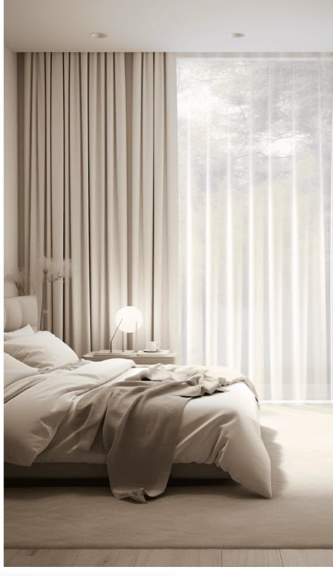 Bed Behind Curtains, Curtains For Minimalist Bedroom, Sill Length Curtains Bedroom, Nordic Style Decor, Sheer Curtain With Lights, Sheer Curtains Bedroom Ideas, Bedroom Curtains Inspirations, Curtains Ideas For Bedroom, Bedroom Ideas With Windows