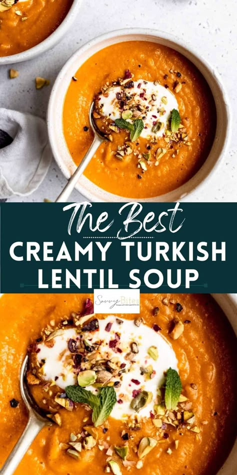 This healthy red lentil soup is an easy and delicious recipe made with Turkish spices. Enjoy a creamy, comforting soup perfect for any meal. Creamy Red Lentil Soup, Turkish Lentil Soup Recipe, Turkish Red Lentil Soup, Creamy Lentil Soup, Sweet Potato Carrot Soup, Spiced Salmon, Red Lentil Recipes, Turkish Spices, Red Lentil Soup Recipe