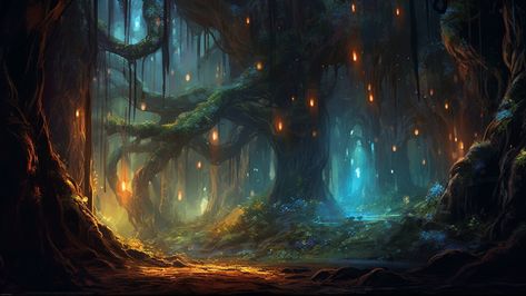 Excited to share the latest addition to my #etsy shop: Enchanting Elven Forest | AI Art Image | Digital Painting | Ancient Trees | Bioluminescent Vines | Mystical Scene | Fantasy Art https://etsy.me/41uyXjc #landscapescenery #aiart #mysticalscene Fantasy Bioluminescent Forest, Fantasy Forest Wallpaper Desktop, Forest Aesthetic Art, Fantasy Desktop Wallpaper, Mystical Forest Art, Fantasy Forest Art, Environment Moodboard, Forest Digital Art, Elven Forest