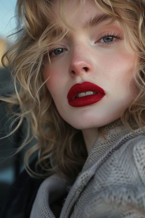 Blonde Red Lipstick, Makeup Bibir, Lipstick Makeup Looks, Perfect Lipstick Shade, Red Lipstick Makeup Looks, Red Lipstick Shades, Red Lipstick Makeup, Face Charts, Perfect Lipstick