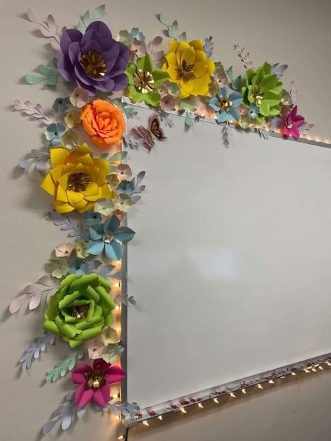 Floral Design Class Projects, Display Cases Ideas For School, Paper Flower Bulletin Board Ideas, Wild Flower Classroom Theme, Wildflowers Classroom Theme, Wildflower Classroom Decor, Wall Hanging Ideas For School, Wildflower Classroom Theme, Math Room Decor