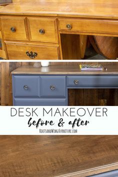 This before and after desk makeover will blow you away.  Learn how you can transform outdated pieces of furniture with this furniture painting tutorial from Jennie at Roots & Wings Furniture.  #rootsandwingsfurniture #deskmakeover #paintedfurnituretechniques #paintedfurnituretutorial #furnituretransformation Kids Desk Refinishing Ideas, Desk Upcycle Ideas, Desk Refinishing Ideas, Vintage Desk Makeover, Maple Desk, Desk Makeover Diy, Old World Furniture, Amazing Gray, Furniture Painting Tutorial