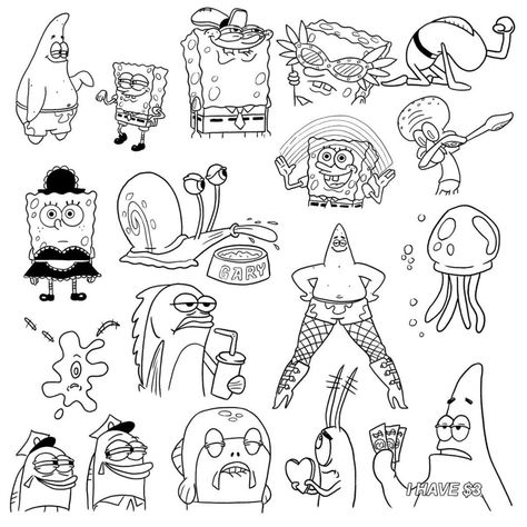 Cartoon Tattoo Outlines, Cartoon Tattoo Ideas Sketches, Spooky Cartoon Tattoos, Tattoo Stencils Cartoon, Flash Art Tattoo Simple Cute, Funny Cartoon Tattoo Ideas, Mini Filler Tattoo, Cartoon Character Tattoo Design, Easy Patterns To Draw Doodles