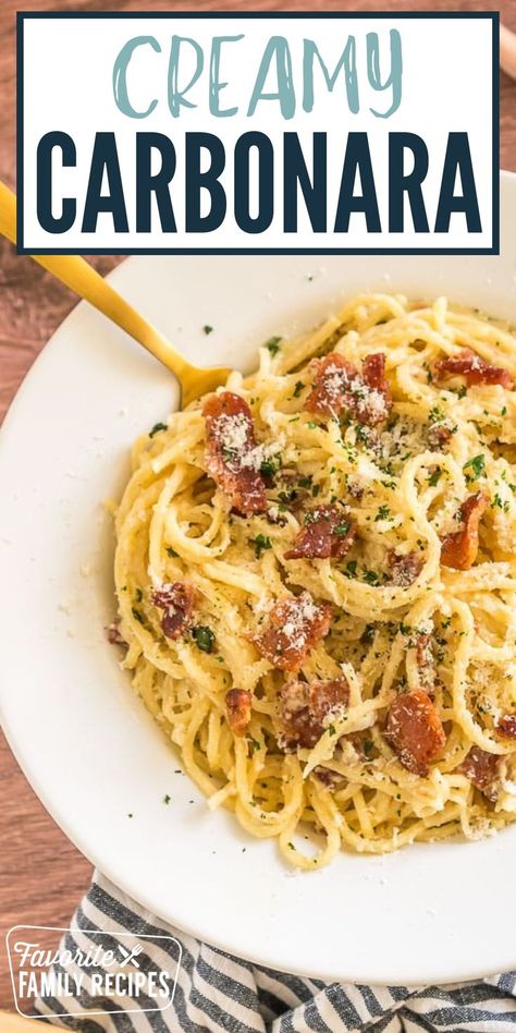 This Creamy Carbonara Pasta recipe is a simple, traditional Italian recipe. With bacon, garlic, and fresh Parmigiano Reggiano cheese, it is full of flavor. You will love the creamy sauce, crisp bacon, and tender pasta. This amazing pasta dish is the real deal straight from Italy – Pasta alla Carbonara! Best Carbonara Recipe, Creamy Carbonara Pasta, Carbonara Sauce Recipe, Carbonara Pasta Recipe, Carbonara Pasta Creamy, Carbonara Recipe Creamy, Easy Carbonara, Bacon Pasta Recipes, Easy Carbonara Recipe