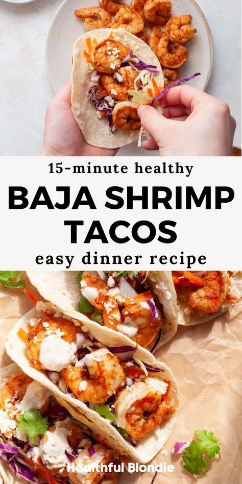 This healthy shrimp taco recipe is perfectly spiced and topped with a simple cabbage slaw and cilantro lime crema made from Greek yogurt! Serve these baja tacos on flour, corn, or almond flour tortillas for an easy gluten free weeknight dinner with shrimp. Healthy Shrimp Tacos Recipes, Shrimp Taco Coleslaw Slaw Recipes, High Protein Shrimp Tacos, Easy Healthy Tacos, Shrimp Tacos With Cabbage Slaw Easy, Shrimp Tacos Easy Recipe, Healthy Shrimp Taco Recipes, Shrimp Tacos With Lettuce, Easy Shrimp Recipes Quick Healthy