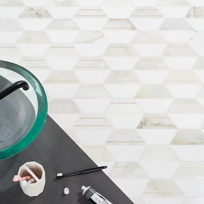 Marble Tiles at Lowes.com Marble Inlay Floor, Hexagon Marble Tile, Kitchen Entry, Marble And Brass, Calacatta Gold Marble, Decorative Wall Tiles, Backsplash Wall, Brass Inlay, Tile Trends