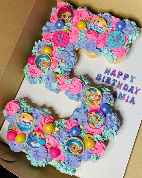 Princess Birthday Cupcake Cake, Cupcake Shaped Pull Apart Cake, Shimmer And Shine Cupcakes, 6 Pull Apart Cupcake Cake, 6th Birthday Cupcakes Girl, Shimmer And Shine Cake Ideas, 5 Pull Apart Cupcakes, Number 5 Cupcake Cake, Shimmer And Shine Birthday Party Ideas