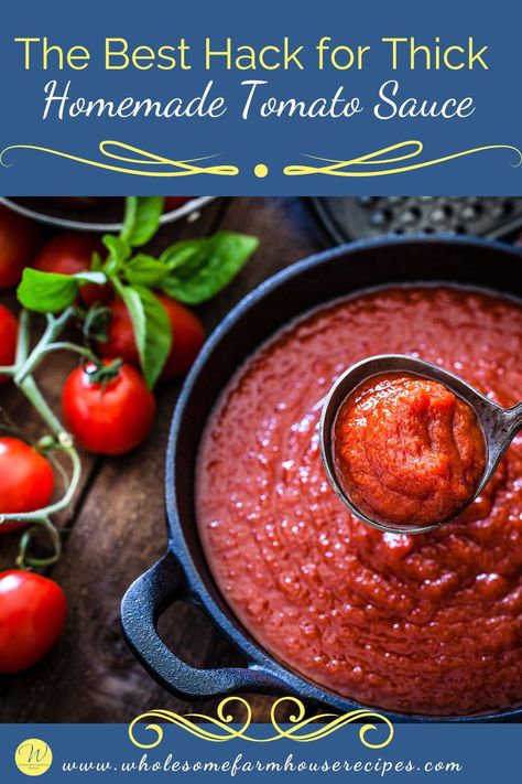 The Best Hack for Thick Homemade Tomato Sauce Easy Homemade Tomato Sauce With Fresh Tomatoes, Tomato Sauce Canning Recipe, Canning Tomato Sauce, Tomato Sauce Homemade, How To Make Tomato Sauce, Home Grown Vegetables, Marinade Sauce, Tomato Sauce Recipe, Homemade Tomato Sauce