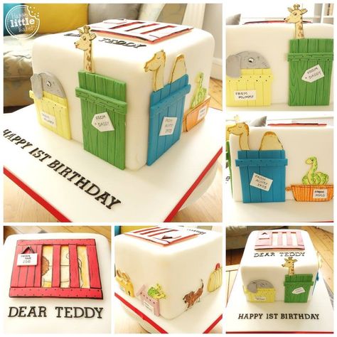 First birthday cake based on the book 'Dear Zoo'. Fondant decorations are hand painted using food colouring. Dear Zoo Cake Ideas, Cakes Based On Books, Dear Zoo Birthday Cake, Dear Zoo Birthday Party, Dear Zoo Party, Dear Zoo Cake, Zoo Birthday Cake, Zoo Cake, Zoo Birthday Party