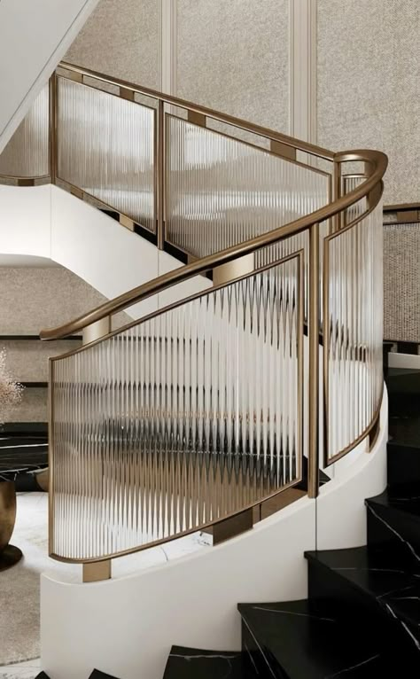 Stair Railing Design Metal, Gold Staircase Railing, Modern Spiral Stairs, Guardrail Interior, Stairs In Apartment, Stair With Elevator Design, Glass Railing Design Stairs, Neo Classical Staircase, Hotel Staircase Design