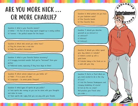 personality quiz from “are you more nick or charlie” 'The Heartstopper Yearbook.' art from alice oseman Heartstopper Yearbook, Celeste Barber, Friends Boys, Yearbook Pages, Nick Nelson, Alice Oseman, Heart Stopper, Rainbow Rowell, Character Profile