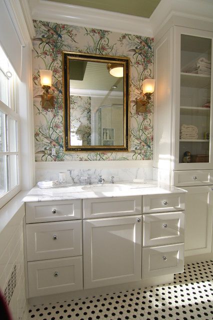 Tall Glass Linen Cabinet - Traditional - Bathroom - New York - by In House Kitchen Bath Home | Houzz Linen Closet Between Sinks, Master Bath With Linen Tower, Bathroom Vanity Tower Cabinet, Bathroom Tower Cabinet Middle, Vanity With Linen Tower, Double Vanity Linen Tower, Linen Tower Bathroom, Glass Linen Cabinet, Built In Linen Closet Bathroom