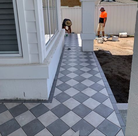 Front Porch Patio, Porch Tile, Porch Makeover, Checker Board, Backyard Inspiration, Backyard Inspo, Home Landscaping, Outdoor Decor Backyard, Outdoor Porch