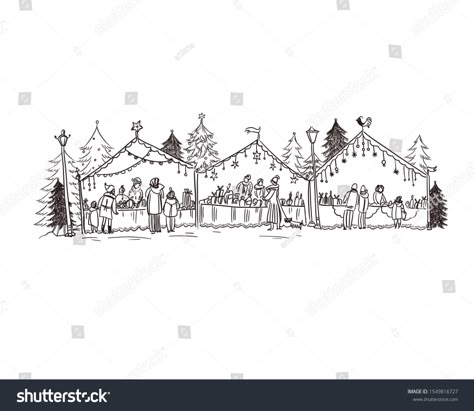 Christmas Town Drawing, Christmas Village Drawing, Shopping Sketch, Holiday Tattoo, Town Drawing, Village Drawing, Christmas Booth, Market Ideas, Christmas Parade