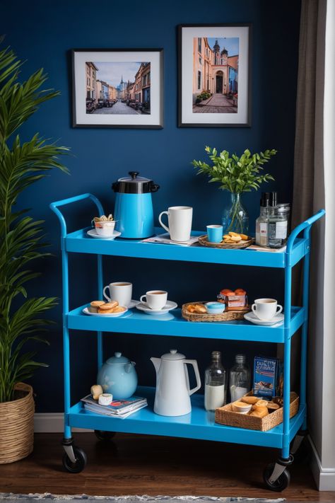 Spruce up your coffee routine with these fab blue coffee bar cart ideas! Whether you’re adding vibrant hues to your kitchen or finding the perfect storage for your favorite brews, we’ve got you covered. These stylish coffee carts showcase chic teapots and organize all your coffee accessories in a way that pops. Say goodbye to boring mornings and hello to a splash of color and style. Get inspired to create your own personalized coffee corner with hints on decoration and arrangement that bring function and flair to any space! Coffee Bar Cart Ideas, Blue Coffee Bar, Coffee Bar Carts, Coffee Bar Cart, Bar Cart Ideas, Coffee Table Inspiration, Blue Teapot, Cart Ideas, Coffee Games