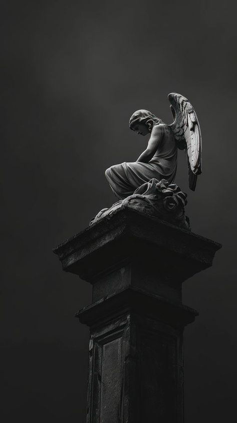 Dark Statue Aesthetic, Angel Statue Photography, Statue Iphone Wallpaper, Angle Tattoo For Men, Angel Black And White, Sculpture Wallpaper, Angels Statue, Statue Wallpaper, Black Statue