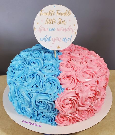 Pink and blue cake Half Pink Half Blue Cake, Hart Cake, Pink And Blue Cake, Baby Reveal Cakes, Baby Shower Cake Designs, Home Hall Design, Blue Cakes, Hall Design, Baby Reveal