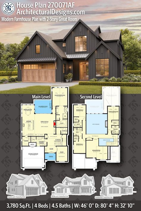 House Plan 270071AF gives you 3700 square feet of living space with 4 bedrooms and 4.5 baths