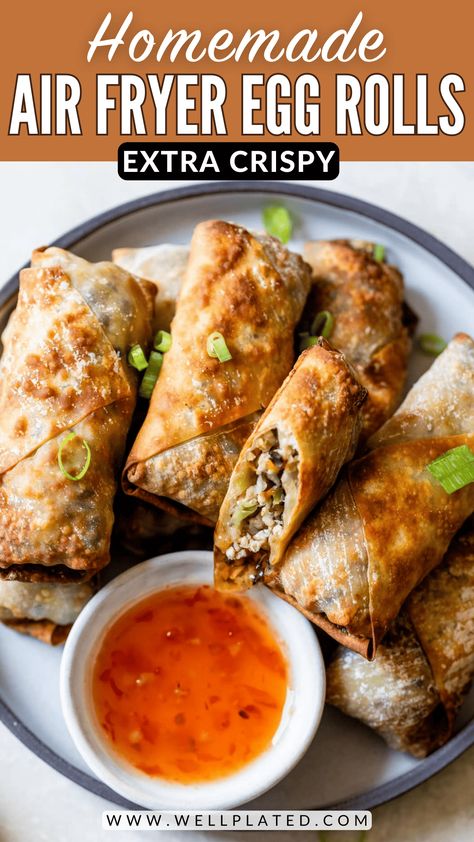 Homemade air fryer egg rolls are crispy on the outside, with a meaty, veggie-packed filling on the inside. A lighter way to enjoy egg rolls! Air Fryer Recipes Egg Rolls, Air Fryer Egg Rolls, Veggie Egg Rolls, Best Pressure Cooker Recipes, Homemade Egg Rolls, Pork Egg Rolls, Best Pressure Cooker, Kids Lunch Recipes, Egg Roll Recipes