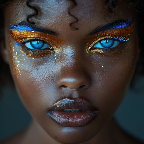 Beautiful African Eyes Statement Makeup Looks, Royal Blue Eyes, African Eyes, Face Painting Makeup, Futuristic Makeup Looks Black Women, Earthy Makeup, Afro Futuristic Makeup, Sci Fi Makeup, Cosmic Makeup