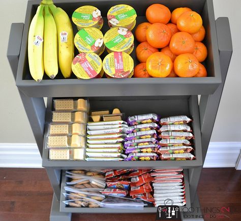 20 Organization Stations That Will Get Your Life in Order - One Crazy House Diy Snack Station, Kid Pantry, Breakfast Station, Snack Cart, Snack Station, Office Snacks, Snack Organizer, Diy Snacks, Organization Station