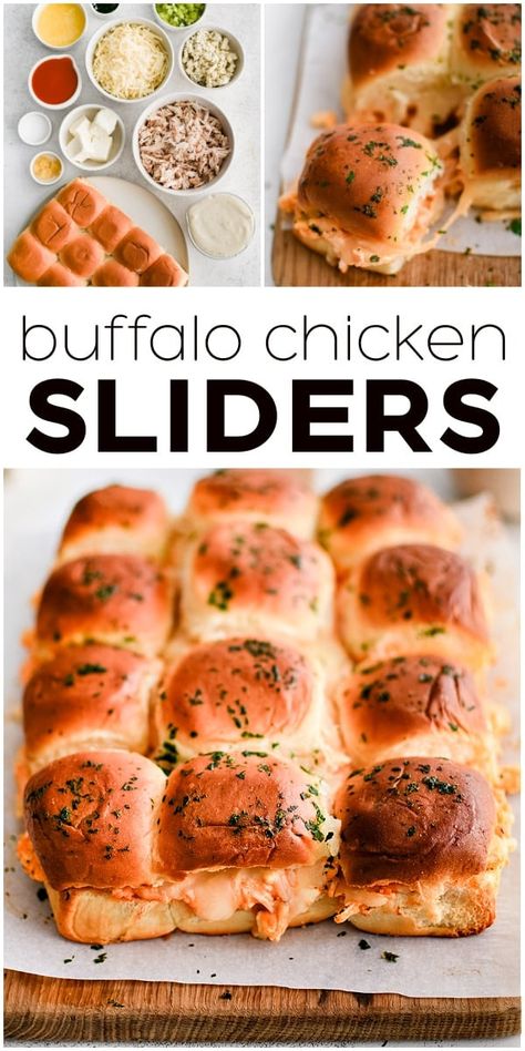 The ultimate Buffalo Chicken Sliders are made with soft and buttery Hawaiian rolls, loaded with creamy buffalo-flavored shredded chicken and melted mozzarella cheese. The tops of the buns are brushed with herb-infused butter for a golden finish! Shredded Buffalo Chicken Sandwich, Study Meals, Buffalo Chicken Roll Ups, Hawaiian Roll Sandwiches, Boat Snacks, Buffalo Cauliflower Recipes, Easy Slider Recipes, Sliders Recipes Chicken, Shredded Buffalo Chicken