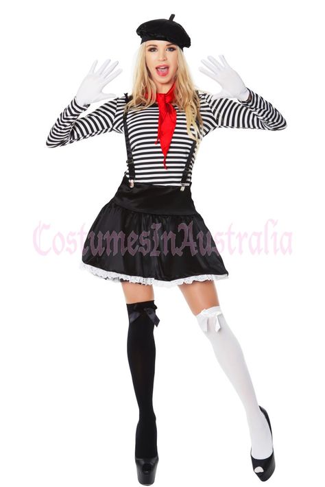 Ladies Mesmerizing Mime Costume French Artist Clown Circus Fancy Dress Outfits Circus Costumes Women, Circus Fancy Dress, Mime Costume, Mime Makeup, Beer Girl Costume, French Costume, Circus Outfits, Fancy Dress Ball, Unique Party Dresses