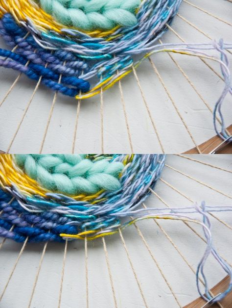 Great post on how to weave two colors next to each other in a circle! Loom Weaving Techniques, Weaving Circle, Handbuilding Ceramics, Weaving Instructions, Branch Weaving, Circle Weaving, Circle Loom, Circular Loom, Circular Weaving