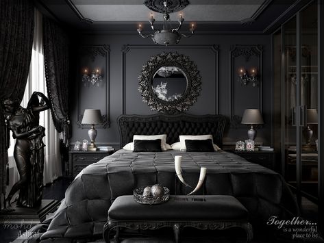 Elegant Black Bedroom.., mohd ashraf on ArtStation at https://www.artstation.com/artwork/8lRBRG Black Victorian Bedroom, Vs Bedroom, Dark Elegant Bedroom, Black Bedroom Design, Black Bedroom Decor, Gothic Ideas, Bilik Idaman, Gothic Bedroom, Feminine Bedroom