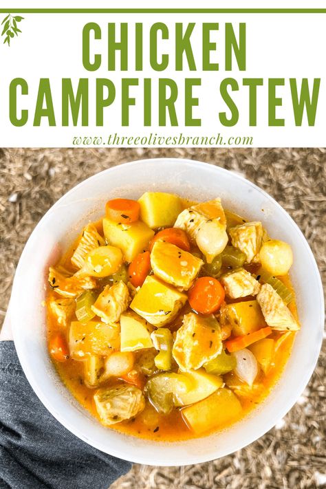 This Chicken Campfire Stew is an easy campfire chicken recipe. Cook in a Dutch oven for a hearty and warm outdoor meal. Prep in advance and stove top option. Easy camping meals and camping dinner ideas. Campfire Soup Recipes, Campfire Soup, Campfire Dutch Oven Recipes, Camping Dinner Ideas, Campfire Chicken, Campfire Dinner Recipes, Rv Meals, Dutch Oven Soup, Campfire Stew