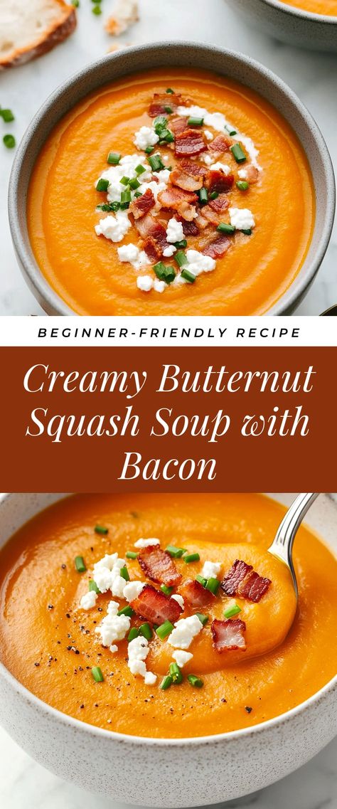 Image for Creamy Butternut Squash Soup with Bacon Butternut Squash Soup With Goat Cheese, Butternut Squash Tomato Soup Recipes, Pumpkin And Butternut Squash Soup, Butternut Squash With Goat Cheese, Squash Soup With Bacon, Best Butternut Squash Soup, Creamy Butternut Squash Soup, Winter Squash Recipes, Soup With Bacon