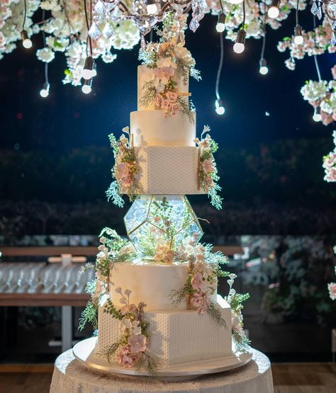 LeNovelle Cake on Instagram: “Modern rustic #weddingcake of Alvin & Jasmine with geometric pattern and lighted up #terrarium . For all of you out there who loves the…” Huge Wedding Cakes, Large Wedding Cakes, Fancy Wedding Cakes, Extravagant Wedding Cakes, Cake Structure, Wedding Cake Images, Big Wedding Cakes, Creative Wedding Cakes, Dream Wedding Cake