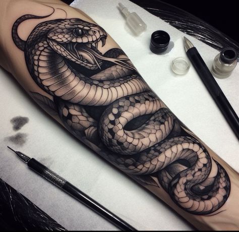 Mens Snake Sleeve Tattoo, Masculine Snake Tattoo, Snake Leg Tattoo Men, Snake Tattoo Sleeve Men, Viking Snake Tattoo, Snakehead Tattoo, Upper Arm Snake Tattoo, Sleeve Snake Tattoo, Snake Leg Sleeve