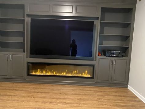 Electric Fireplace Ideas With Tv And Bookshelves, Large Tv Over Fireplace Modern, Media Unit With Electric Fireplace, Living Room Tv Wall Electric Fireplace, Office With Electric Fireplace, Low Electric Fireplace With Tv Above, Entertainment Unit With Fireplace, Linear Electric Fireplace With Tv Above, Fire And Tv Wall Built Ins