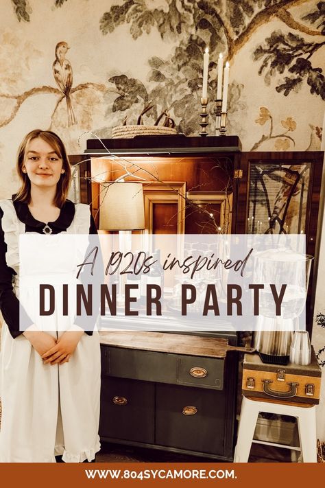 A server dressed in a maid costume in front of the self serve drink cabinet. 1920s Menu Food, 1920s Dinner Party Decor, 1920 Dinner Party Food, 1920s Menu Ideas, 1920s Snacks, 1920 Dinner Party, 1920s Table Setting, 20s Food 1920s Party, 1920 Food Ideas