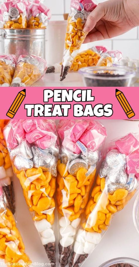 These Pencil Treat Bags are a cute and easy idea for back-to-school or classroom parties! The layers of snacks look just like a real pencil! Back To School Pencil Snack, Cute School Snack Ideas, Fun School Snacks For Kindergarten, Back To School Treat Bags For Teachers, Back To School Student Treats, First Day Snacks For Students, First Day Of School Goodies For Students, Pencil Snack Bag, Back To School Snack Ideas For Students