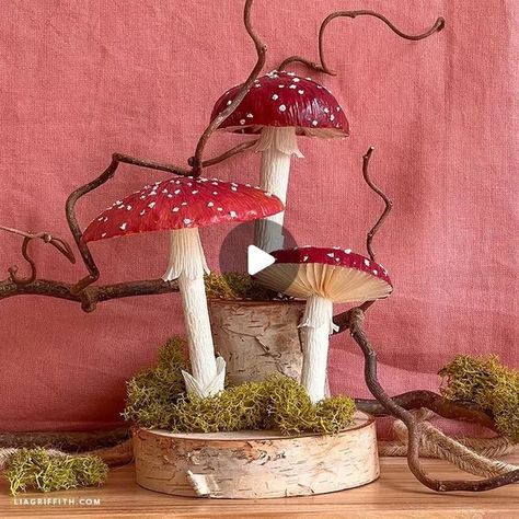 Crepe Paper Ideas, Paper Mushrooms, Crepe Paper Decorations, Whimsical Mushrooms, Paper Flower Kit, Mushroom Crafts, Pumpkin Template, Seasonal Displays, Crafts Workshop