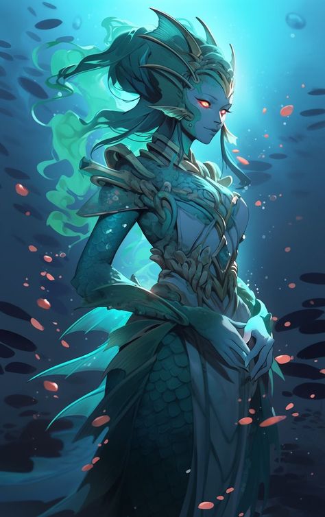 #naga Mermaid Priestess, Dnd Siren, Naga Female, Merfolk Character Design, Sea Elf Female Dnd, Dnd Mermaid, Mtg Merfolk, Triton Dnd, Mermaid Royalty