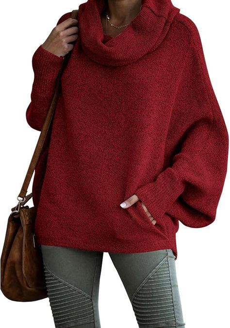 Womens Cowl Neck Pullover Sweaters with Pockets Lantern Long Sleeve Knit Casual Loose Bat Tunic Jumper Tops Olive Drab at Amazon Women’s Clothing store Elegant Sweater, Winter Pullover, Sweater Jumpsuit, Estilo Chic, Loose Sweater, Komplette Outfits, Casual Sweaters, Look Casual, Winter Sweaters