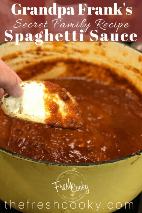 Shhhh, I'm sharing my secret family recipe. This Spaghetti Sauce has been passed down from my restaurant owning, Italian Grandpa! Loaded with San Marzano tomatoes, roasted garlic, fresh basil, and other herbs and spices. Make it today, use it over pasta, meatball subs, lasagna or for calzone dipping! #thefreshcooky #spaghettisauce #pasta #homemade #best #secretrecipe #familyrecipe #pastasauce #easyrecipe #easyweeknightmeals #freezermeals #kidfriendlyrecipes Authentic Italian Spaghetti Sauce, Authentic Italian Spaghetti, Italian Spaghetti Sauce, Best Spaghetti Sauce, Tomatoes Roasted, Pasta Homemade, Italian Spaghetti, Marzano Tomatoes, Sauce Spaghetti