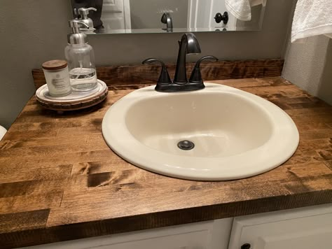 Butcher block bathroom counter made by my husband, per my request. LOVE IT! Wood Sink Countertop Bathroom, Bathroom Wooden Countertop, Butcher Block Counter Bathroom, Butcher Block Countertops In Bathroom, Diy Bathroom Countertop Makeover, Bathroom With Butcher Block Counter, Butcher Block Bathroom Countertops, Butcher Block In Bathroom, Bathroom Butcher Block Counter