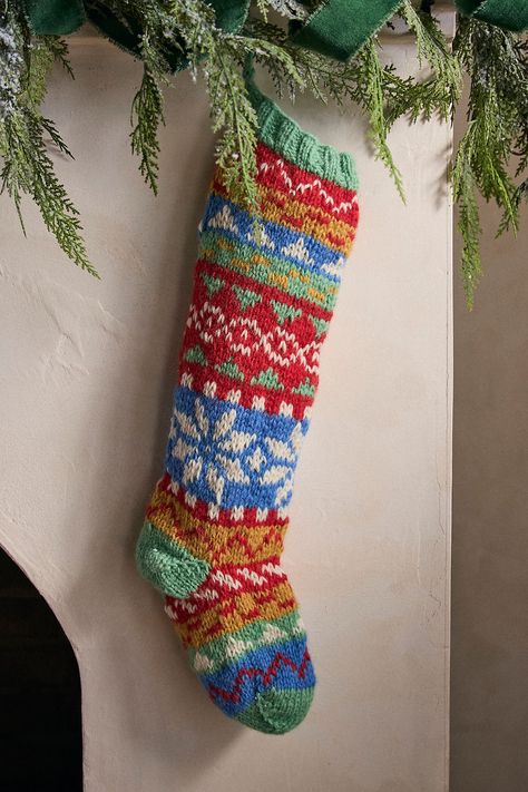 This hand-knitted wool stocking brings a bright burst of pattern to the mantel with a cheerful Nordic-inspired pattern. Knit Stocking, Intermediate Knitting Patterns, Wool Stockings, Advanced Knitting, Cable Knitting Patterns, Vintage Christmas Stockings, Dishcloth Knitting Patterns, Fair Isle Knitting Patterns, Christmas Stocking Pattern